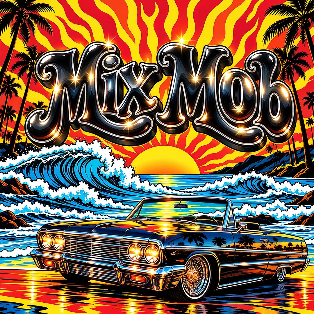 Mix Mob logo above a classic convertible cruising the Southern California coast at sunset